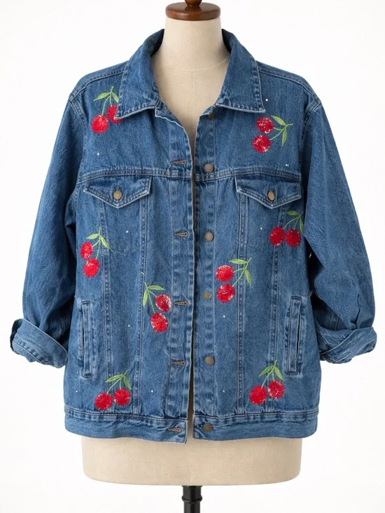 Quacker Factory Vintage Sequin & Embroidered Cherry Denim Jacket - Large - EUC - Picture 1 of 8